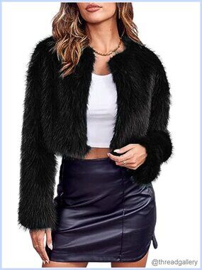Womens Cropped Faux Fur Jacket Long Sleeve Fluffy Shaggy Short Coat